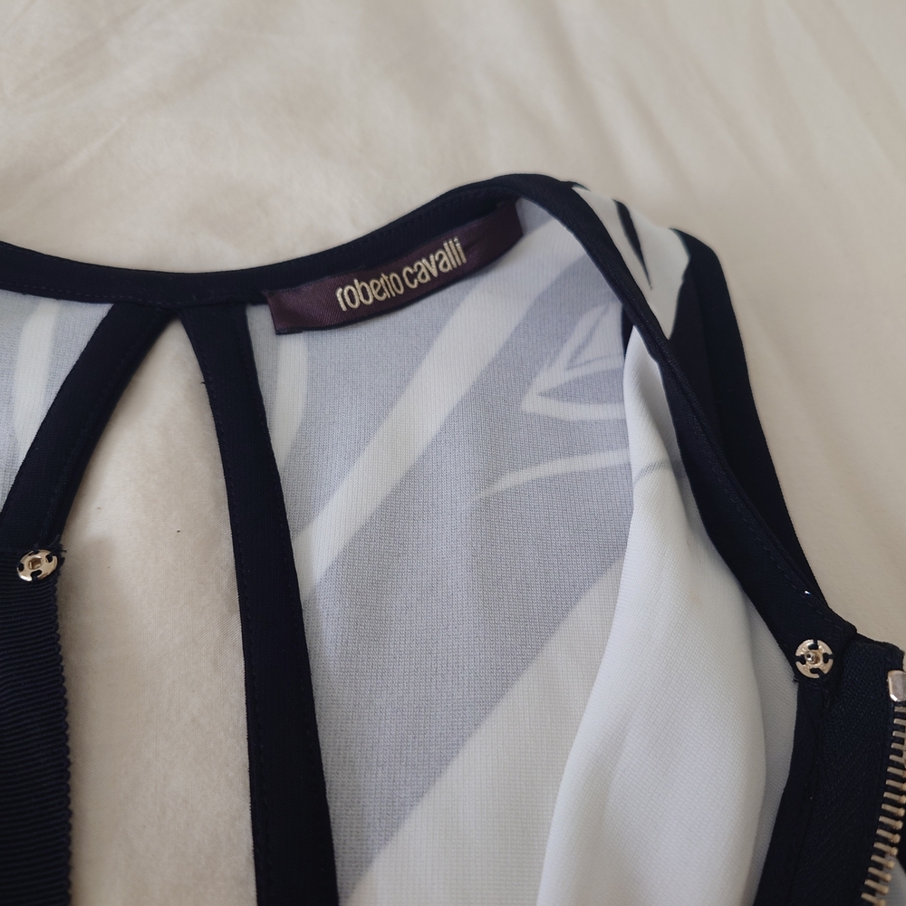 FLAW Zip-up ROBERTO CAVALLI Runway Leaves Print Black White Short Dress Mini 38 - Picture 10 of 16
